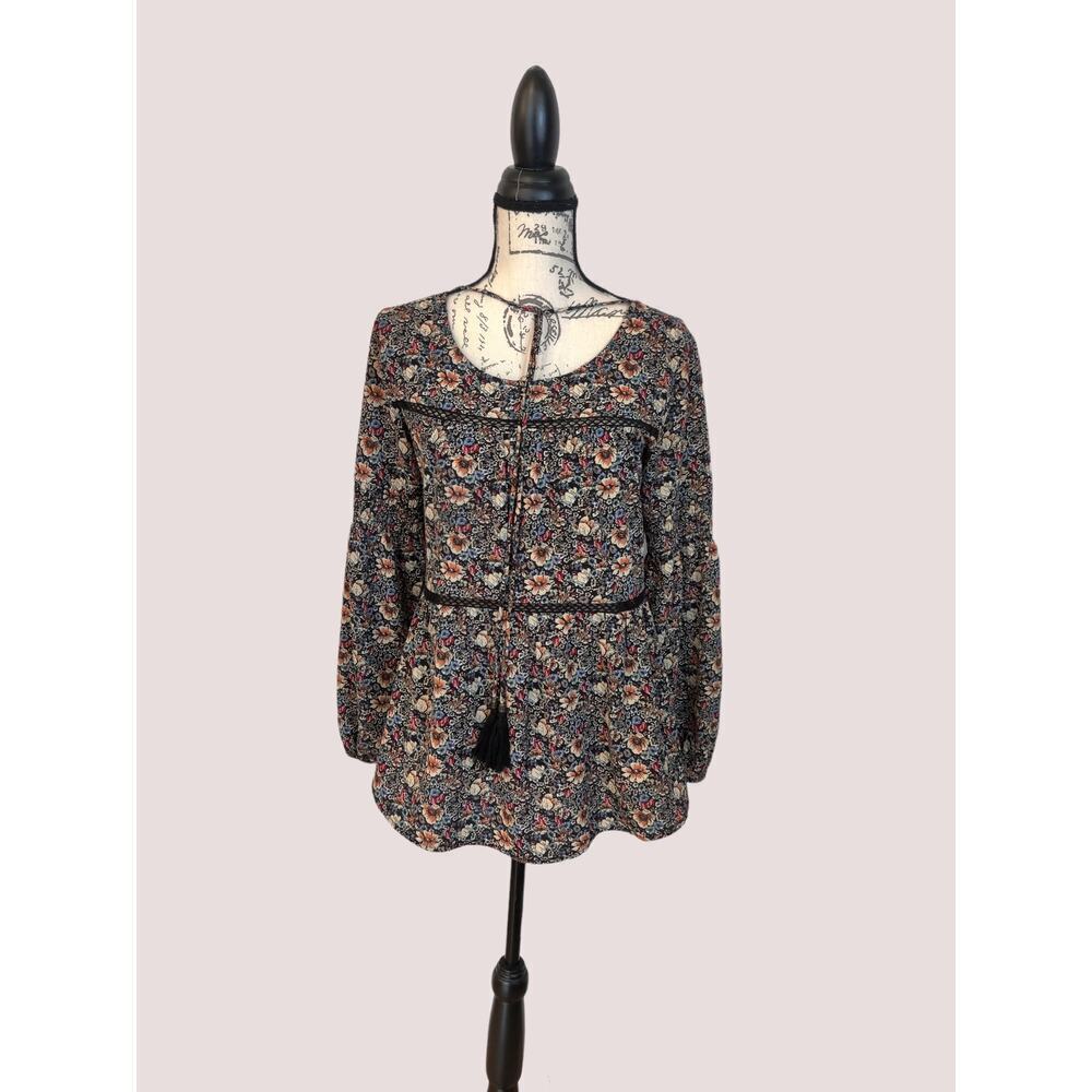 Knox Rose Long Sleeve Boho Floral Black Swing Tunic Blouse Tasseled Size S